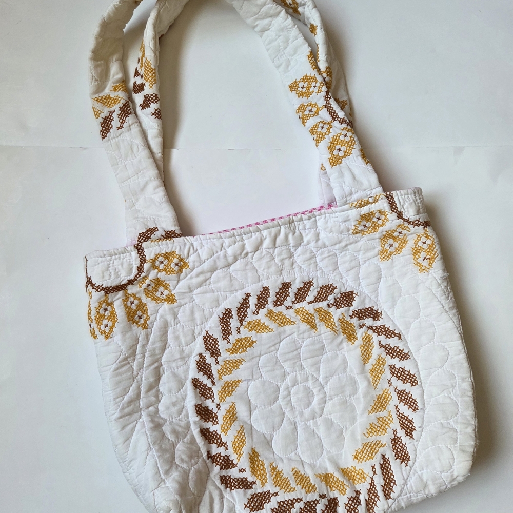 White and Brown Quilted Tote Bag